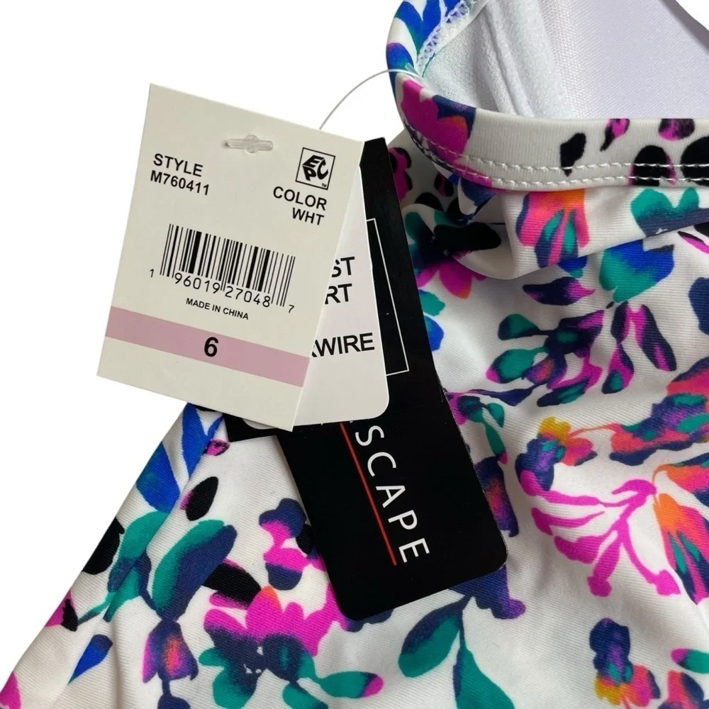 Island Escape Underwire Tankini Top Swimsuit White Floral Size 6 New